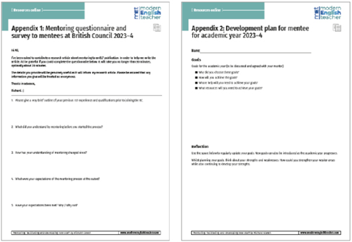 Two pages titled 'Appendix 1: Mentoring questionnaire and survey to mentees at British Council 2023-4' and 'Appendix 2: Development plan for mentee for academic year 2023-4'. Each page contains questions and guidelines related to mentoring and development goals. The design includes the 'Modern English Teacher' logo at the top right and the text is structured in a clear, professional format for educational purposes.