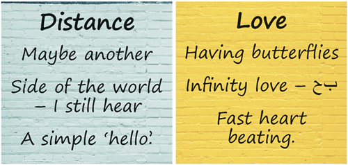Two panels featuring poetry written on a brick wall background. Left panel: 