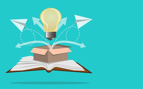 An illustration showing a light bulb emerging from an open box resting on a book, with paper planes and arrows symbolizing ideas and creativity against a turquoise background.