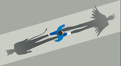 A person walking, casting two shadows, one resembling a devil with horns and a tail, and the other resembling an angel with wings and a halo, symbolizing a choice between good and evil.
