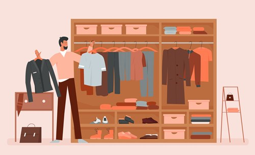 Illustration of a man standing in front of an open wardrobe, holding shirts, with various clothing items and shoes neatly arranged inside.