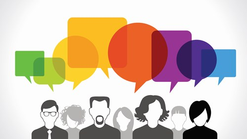 Illustration of a diverse group of silhouetted people at the bottom with colourful overlapping speech bubbles above them.