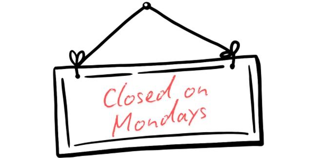 Illustration of a sign with the text 'Closed on Mondays' written in red cursive inside a rectangular frame, hanging from a string.