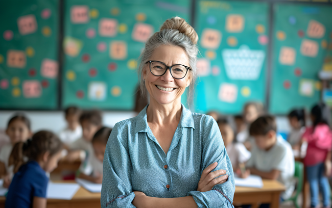 A smiling woman with glasses and a bun hairstyle stands in a classroom, arms crossed, with children working at desks in the background. The classroom has colourful decorations and bulletin boards.