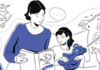 Encouraging primary school teachers to tell stories Illustration of an adult and child reading a fairy tale book together, surrounded by magical elements like a dragon, castle, knight, spell book, unicorn, and royal carriage.