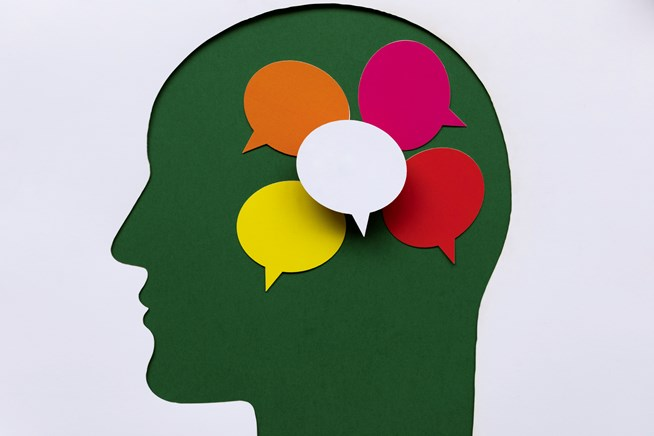 Silhouette of a human head filled with colorful speech bubbles, symbolizing thoughts or dialogue.
