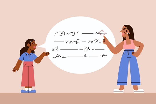 Illustration of two women in conversation. The one on the left wears a blue top and pink skirt, gesturing with her hand. The woman on the right, in a pink top and blue jeans, points to a speech bubble filled with scribbles, indicating a discussion or brainstorming session.