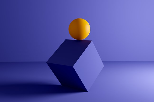 A 3D rendering of a yellow sphere balanced on top of a tilted blue cube against a monochromatic blue background.