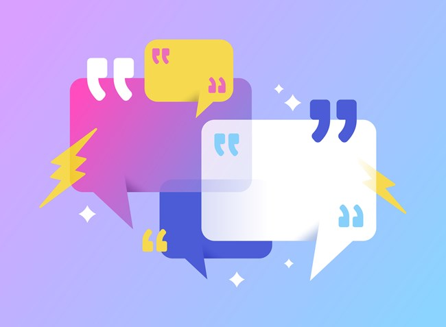 Colourful overlapping speech bubbles with quotation marks and lightning bolts, set against a gradient blue and purple background.