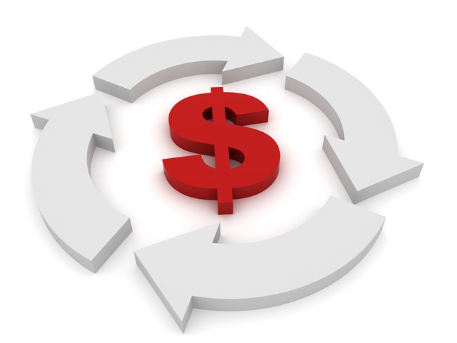 A red dollar sign surrounded by a circular arrangement of grey arrows, representing financial cycle or flow.