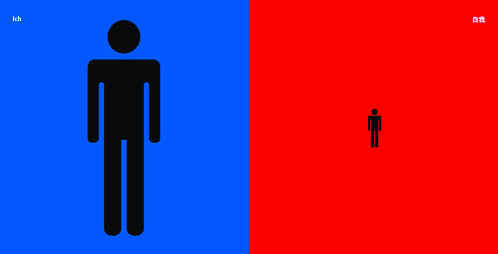 Illustration divided into two halves: the left side is blue with a large black stick figure and the word "Ich" in the top left corner; the right side is red with a smaller black stick figure and non-Latin characters in the top right corner.