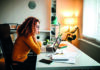 Principled digitisation A woman with curly hair and glasses, wearing a yellow sweater, is sitting at a desk intently looking at a laptop. The desk is cluttered with papers, a smartphone, a lamp, and a cup. The room is softly lit with a warm glow from a floor lamp and has shelves in the background.