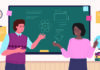 Lesson observation etiquette Illustration of two teachers standing in front of a chalkboard with scientific drawings and geometric shapes. One teacher is pointing while the other holds a piece of chalk. A globe is placed on a stack of books to the side. The classroom has notes and a clock on the wall.