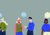 Monitoring: reasons and strategies Illustration of diverse people having conversations, each with speech bubbles above their heads on a grey background.