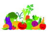 Veg for thought Illustration of various smiling fruits and vegetables, including a carrot, broccoli, eggplant, pumpkin, tomato, banana, apple, and leafy greens, with cheerful faces and bright colours.