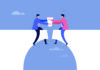 Culture and EAP: bridging the gap Illustration of two people, one in blue and the other in pink, shaking hands across a gap while sitting on opposite sides of a connecting bar, symbolizing collaboration or connection.