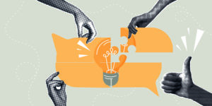 Illustration of hands assembling a jigsaw puzzle in the shape of a speech bubble with a lightbulb inside, symbolizing ideas and communication, with a thumbs-up gesture nearby. - Tidbits of knowledge: microlearning — PavilionELT