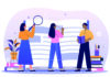 A research project on learning styles and learner strategies Illustration of three people engaging in learning, with one using a magnifying glass, another reading a book, and the third holding a book and smiling.