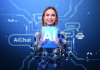 The role of AI in ELT A woman holding a tablet displaying the word "AI" is surrounded by digital graphics representing chat functions, including speech bubbles and a robot icon, on a technology-themed blue background - The role of AI in ELT