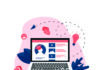 Safety in live online lessons Illustration of a laptop displaying a profile interface with a mix of icons representing media content; the background includes various elements like a smiley face, paper airplane, and lightbulb, symbolizing creativity and communication.