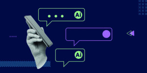A hand holding a smartphone with digital speech bubbles on a dark blue background, featuring symbols and text suggesting AI and messaging.