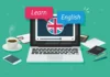 What every English lesson needs Illustration of a laptop on a desk with a screen showing the Union Jack and speech bubbles saying 'Learn English.' Surrounding the laptop are a cup of coffee, a smartphone, a notebook, glasses, a calculator, and pens, suggesting a learning environment.