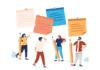 Last-minute learning Illustration of four people holding oversized pencils, standing in front of large pinned note papers in different colours, suggesting brainstorming or planning.