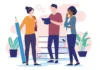Encouraging learner-generated content Illustration of three people standing and interacting in front of a stack of books, with decorative plants and large pencil, conveying a collaborative or educational setting.