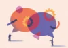 Are you a prescriptivist or a descriptivist? Illustration of two overlapping speech bubbles, one orange and one blue, with gears inside, symbolising communication and collaboration. Two small figures stand on either side of the bubbles, gesturing towards each other.