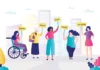 Who can break the stereotype wall? Illustration of five diverse individuals in an urban setting, each holding a sign with phrases like "Disabled," "Too Old," "Color," "Too Fat," and "Too Young," representing various forms of discrimination or prejudice.