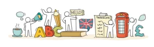 Cartoon illustration with stick figures engaged in language-related activities such as speaking into a megaphone, standing by large alphabet letters, holding a hello sign, and presenting a translate document. Includes British symbols like the Union Jack flag and a red telephone booth.