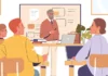 What is your understanding of ‘communicative’? Illustration of a classroom with a diverse group of students sitting around a table, facing a teacher standing in front of a whiteboard. The teacher is gesturing while holding a marker, and there are books and a laptop on the table. The room is bright with large windows, and there's a plant in the background.