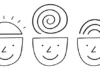 Five faces and one mask A drawing of five minimalist smiling faces with different symbols above them: a flower, a sun with rays, a spiral, a rainbow arc, and two leaves.