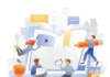 Author, reader, teacher, editor – they are all involved Illustration of people interacting with a large open book and laptop, symbolizing digital learning. One person is holding a large pencil, another is floating near a speech bubble, while two others are engaged with digital devices. Icons like a heart, thumbs up, and an apple are also present, suggesting educational and social media themes.