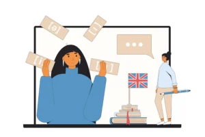 Illustration of a person on a video call with phonetic symbols floating around, a pile of books, and a Union Jack flag symbolizing English language learning.