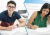 Lessons from an exemplary student A split image showing a male student on the left, looking confident and smiling while holding a pencil, and a female student on the right, appearing stressed and holding her head while writing, both seated at desks in a classroom setting.