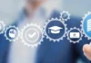 Why integrated learning and assessment is a good move for learners A person in a suit, partially blurred in the background, interacting with digital icons in the foreground, such as a magnifying glass, a target, a human head with gears, a graduation cap, a video, and an open book inside cogwheels, symbolizing various business and educational concepts.