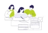 Rethinking assessment in the language classroom Illustration of three people taking notes at desks, with two women and one man, highlighted in white and green colours, and an oversized checklist icon in the foreground.