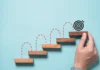 Small steps, big impact A hand places wooden blocks on a blue surface to form a staircase leading to a target symbol, with red dashed lines indicating a path between the steps.
