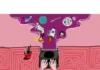 Storytelling: an ancient human practice Illustration of hands typing on a typewriter with a trail of purple smoke rising from it, forming images of space elements like a planet, an astronaut, a rocket, a moon, and stars, against a pink background.