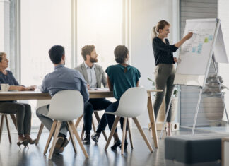 Concept Checking Questions A woman stands and presents information on a flip chart to a group of five people seated around a conference table in a modern office setting with large windows.