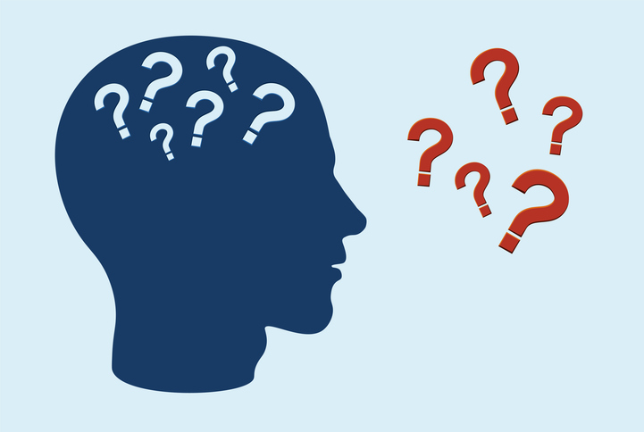 Silhouette of a human head filled with white question marks, facing red question marks on a light blue background.