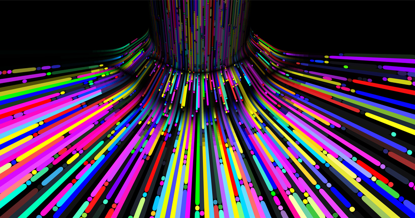 Abstract artwork featuring a cascade of colourful, neon lines and dots flowing downward against a black background.
