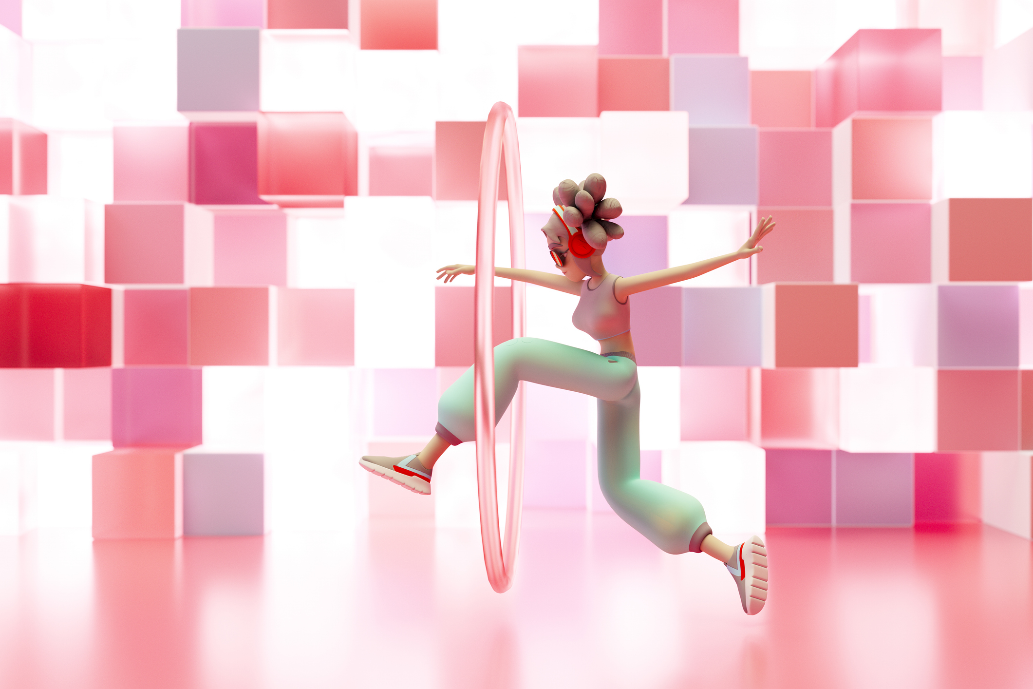 A stylized 3D character is jumping through a glowing pink hoop in a vibrant, abstract environment with a backdrop of pink and white cubes.