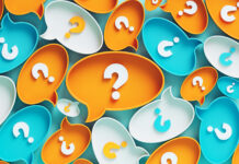Meaning, form and pronunciation of complex sentences? A collection of colourful 3D speech bubbles in orange, blue, and white, each containing a question mark, set against a muted green background.