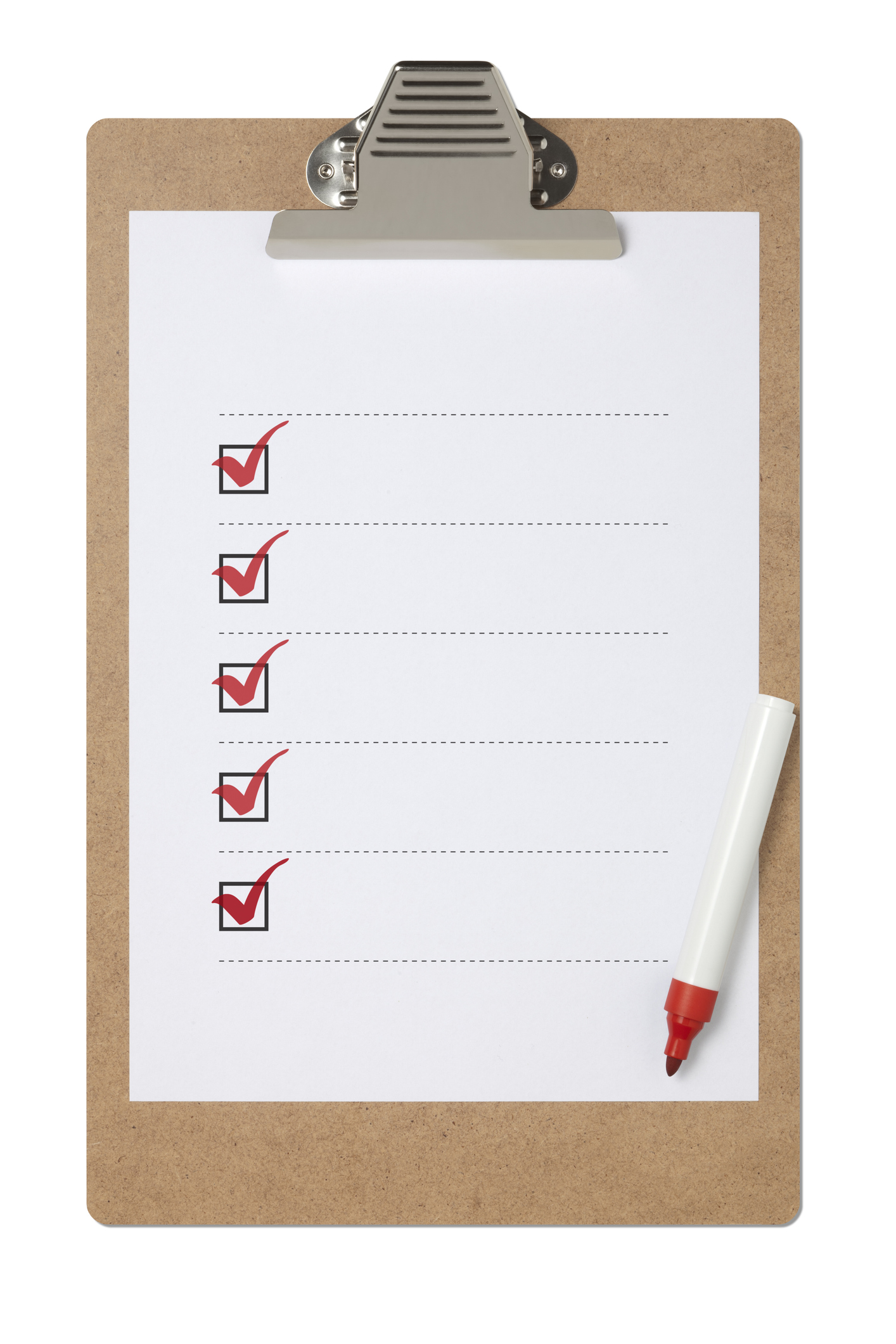 A clipboard holding a sheet of paper with five ticked checkboxes in red, accompanied by a red-tipped marker resting on it.