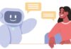 AI for speaking? An illustration of a smiling robot and a woman sitting at a table, engaging in a conversation. The robot, with a blue and grey body, has a speech bubble, and the woman, wearing a pink sweater, also has a speech bubble.