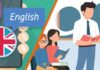 Are language-learning apps as useful as us? Illustration showing a smartphone with a Union Jack emblem and speech bubbles saying "Learn" and "English" on the left, and a teacher with students holding books in a classroom on the right.