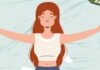 Keep calm and study on Illustration of a woman with long hair, eyes closed, and arms outstretched, surrounded by various objects including an alarm clock, notebook, and light bulb, symbolizing balance or mindfulness.