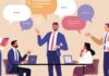 How can school leaders boost motivation for engagement? Illustration of five business people having a discussion around a table, with speech bubbles conveying communication.